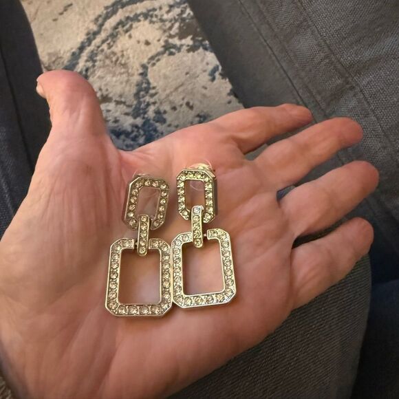 NWOT Pave CZ Geometric Dangle Earrings in Silver-tone Metal with Post Backing. - Picture 2 of 5